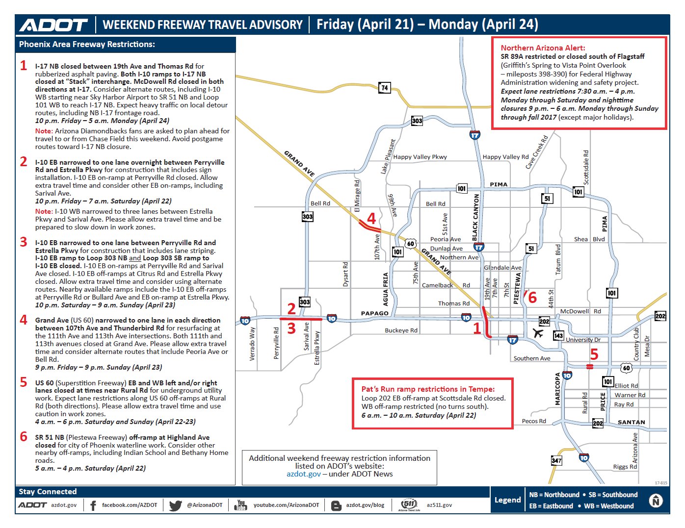 Here is ADOT's list of planned freeway restrictions this weekend (April 21-24): - AZFamily
