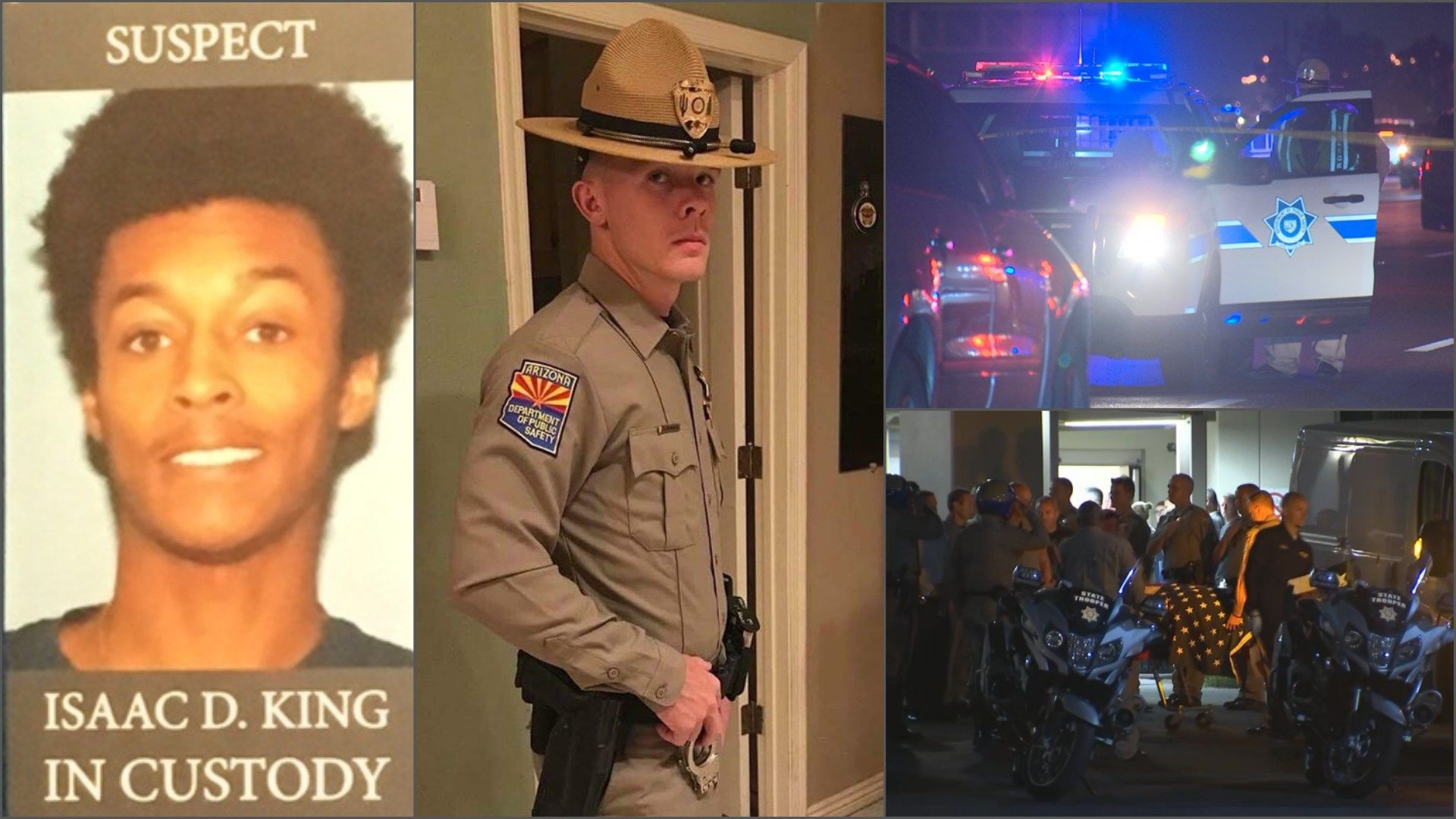 The Department of Public Safety says Isaac D. King (left) in the suspect in the deadly shooting of Trooper Tyler Edenhofer (middle) Wednesday night in Avondale. (Sources: Dept. Public Safety and 3TV/CBS 5)